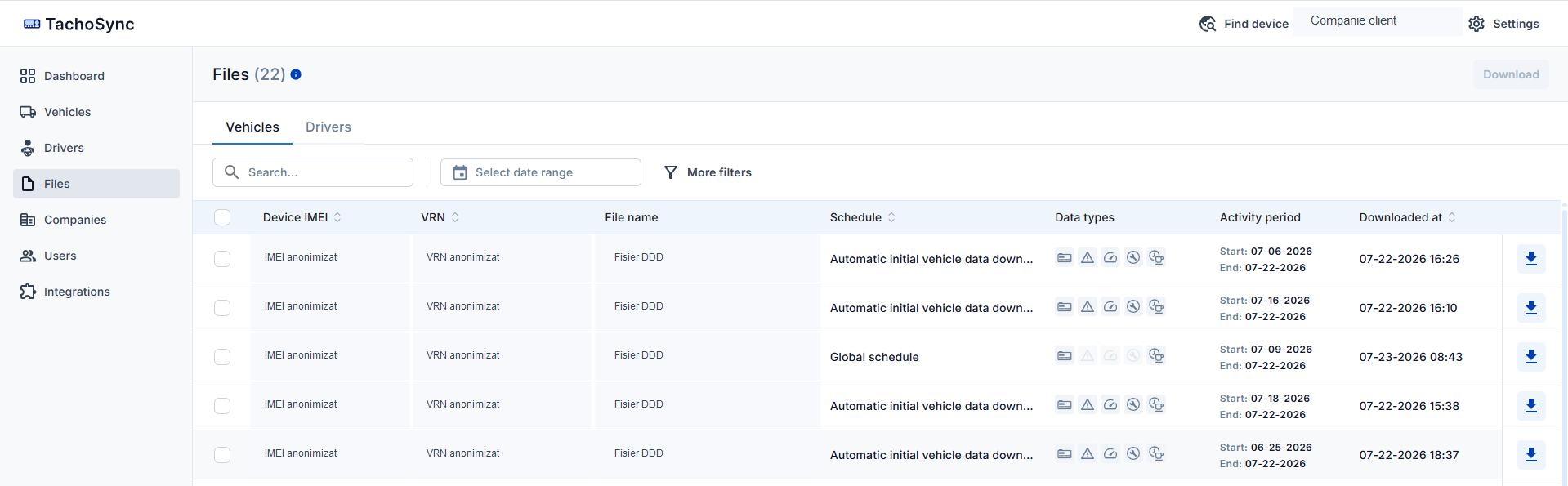 Lista anonimizata de fisiere DDD pentru vehicule in TachoSync