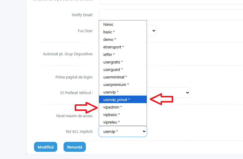 Exemplu drepturi utilizatori pentru Mod Privat
